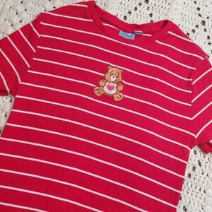 Y2K Style Care Bear Ribbed Red & White T Shirt Teen L Embroidered Care Bear